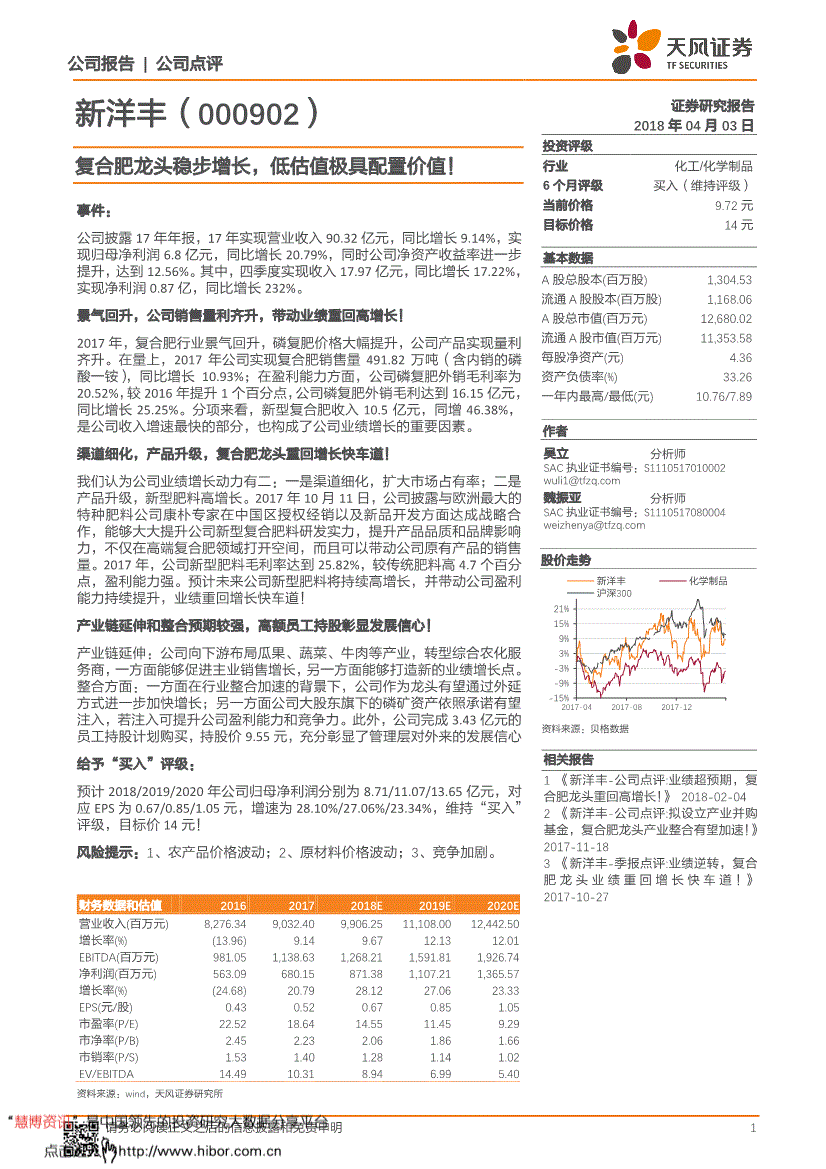 新洋丰研究报告:天风证券-新洋丰-000902-复合肥龙头稳步增长,低估值