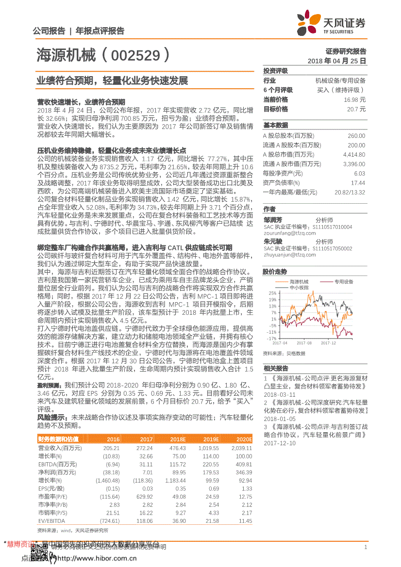 海源机械研究报告:天风证券-海源机械-002529-业绩符合预期,轻量化