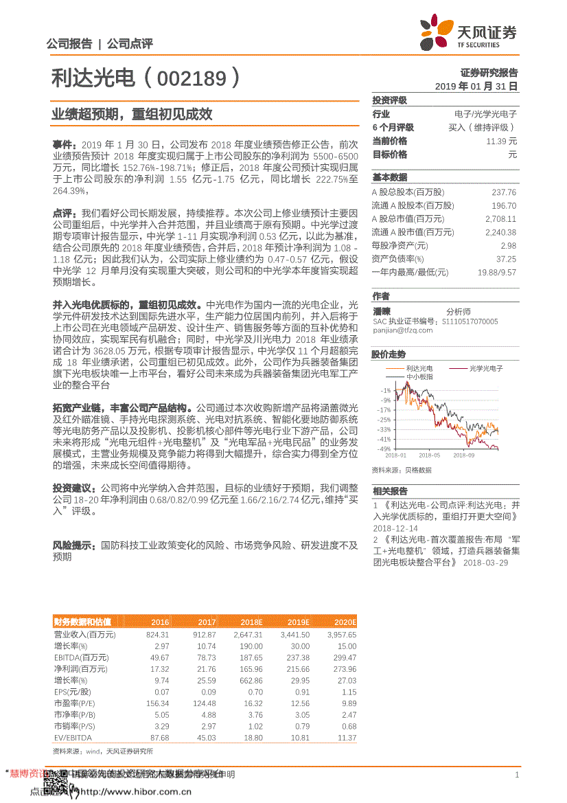 利达光电研究报告:天风证券-利达光电-002189-业绩超预期,重组初见