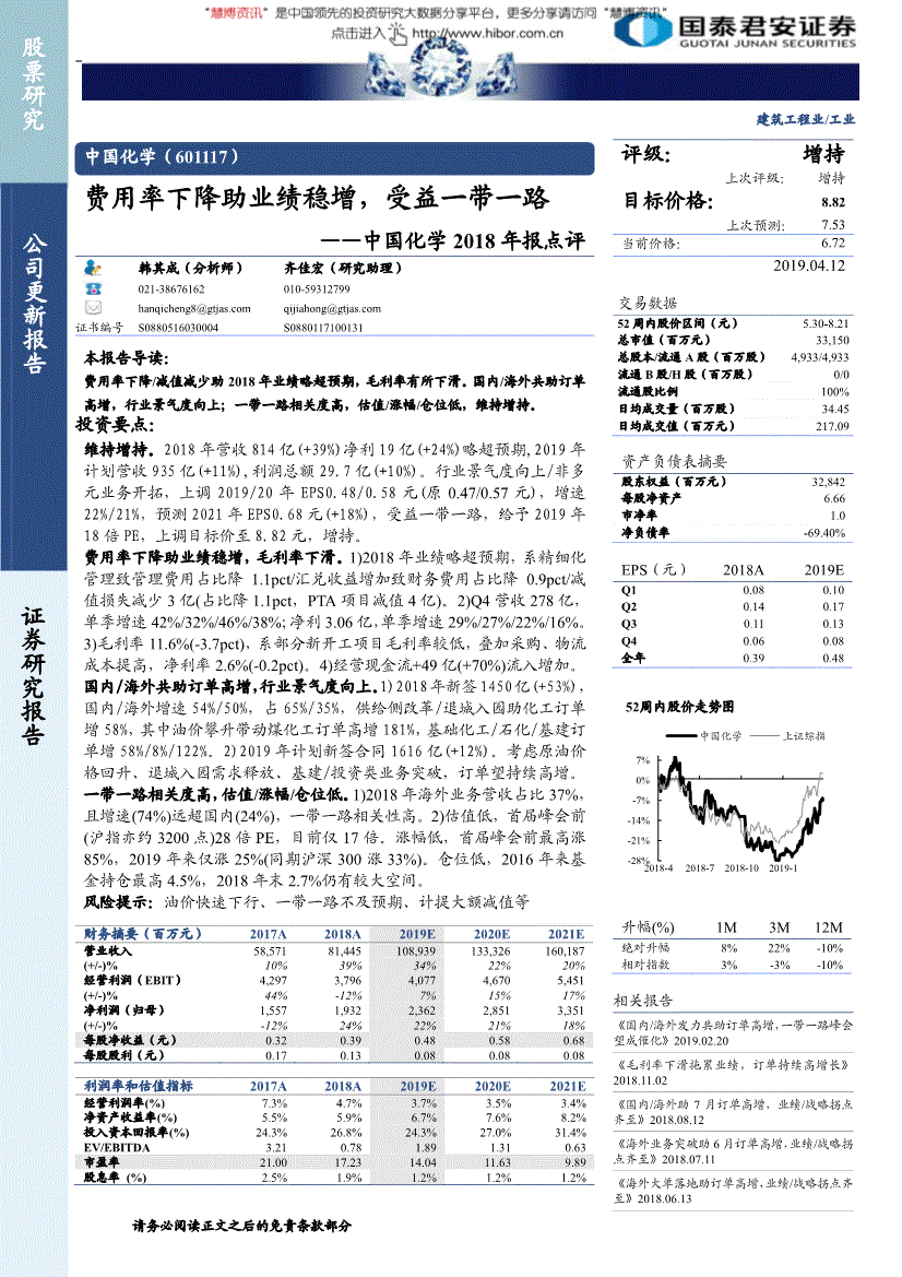 股票研究证券研究报告  中国化学(601117) 费用率下降助业绩稳增