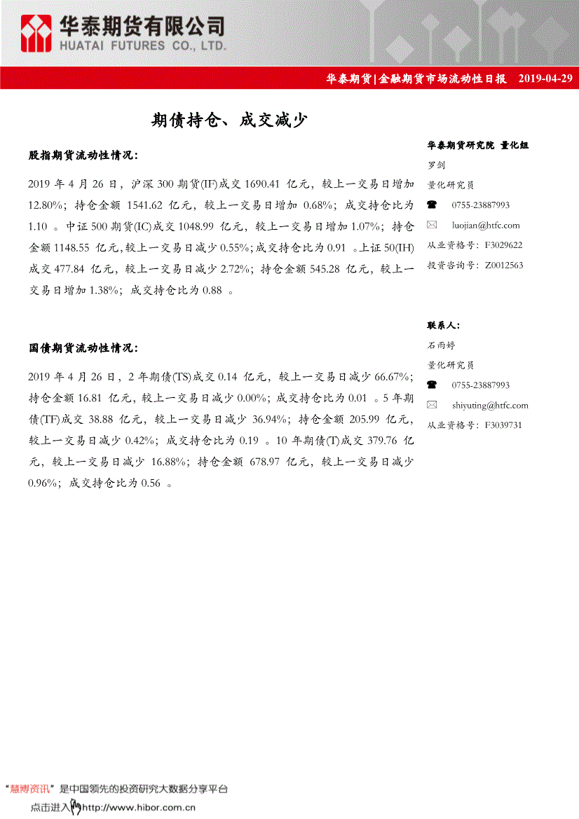研究报告:华泰期货-金融期货市场流动性日报:期债持仓,成交减少-190