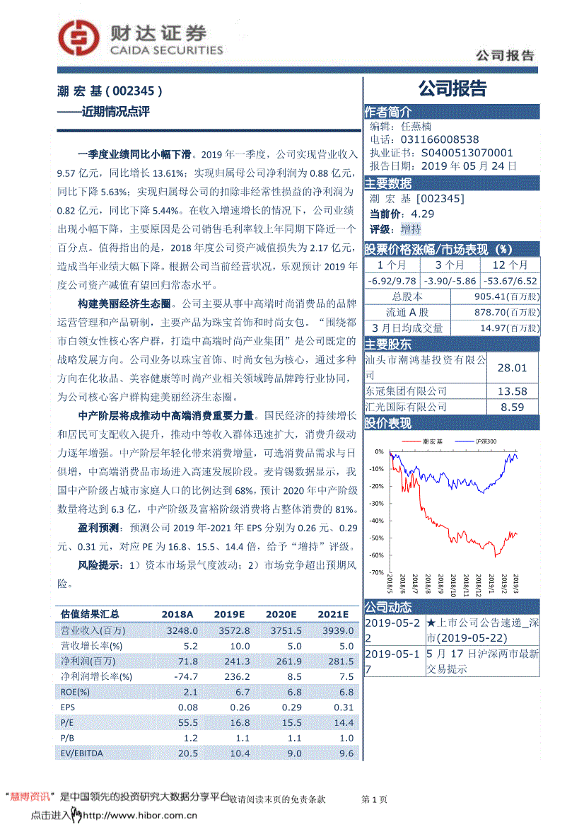 潮宏基研究报告:财达证券-潮宏基-002345-近期情况点评-190524