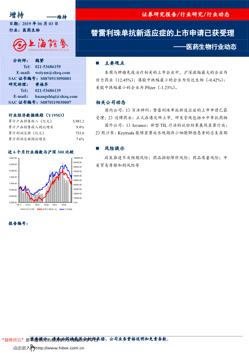 医药生物行业研究报告:上海证券-医药生物行业动态:替雷利珠单抗新