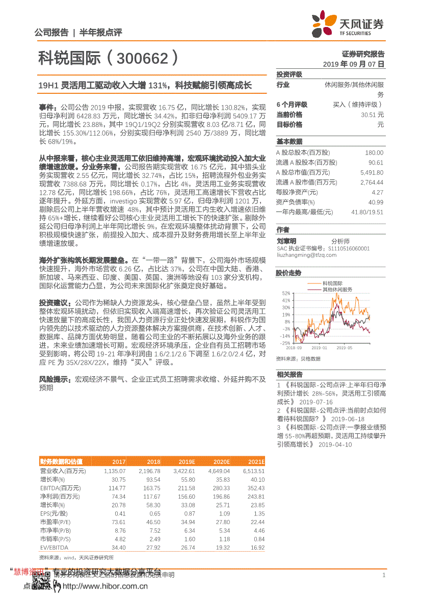 科锐国际研究报告天风证券科锐国际30066219h1灵活用工驱动收入大增