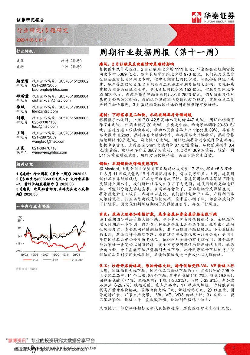 华泰证券:建筑建材行业:周期行业数据周报(第十一周)