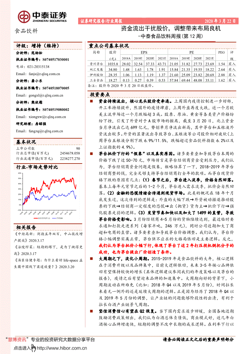 中泰证券-食品饮料行业周报(第12周:资金流出干扰股价,调整带来布局