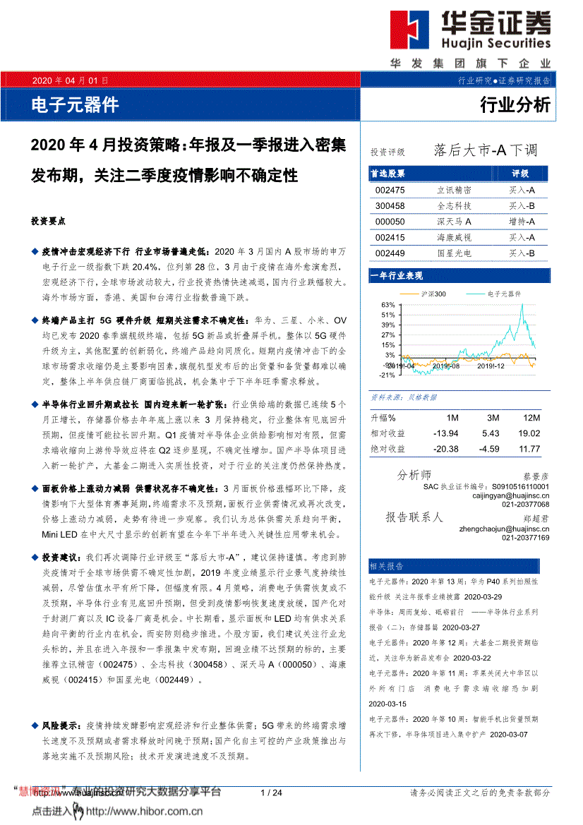 华金证券-电子元器件行业2020年4月投资策略:年报及一