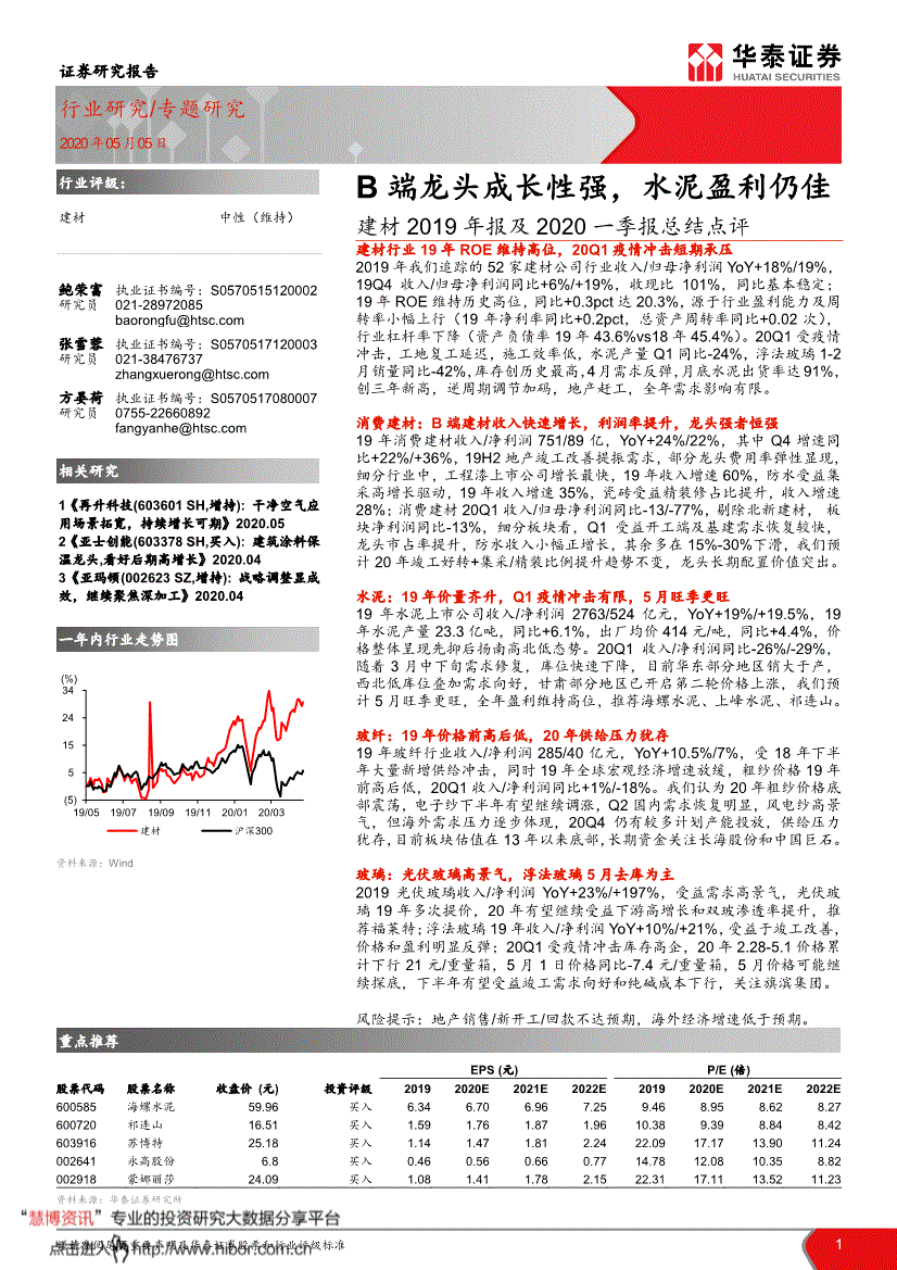 华泰证券-建材行业2019年报及2020一季报总结点评:b端龙头成长性强