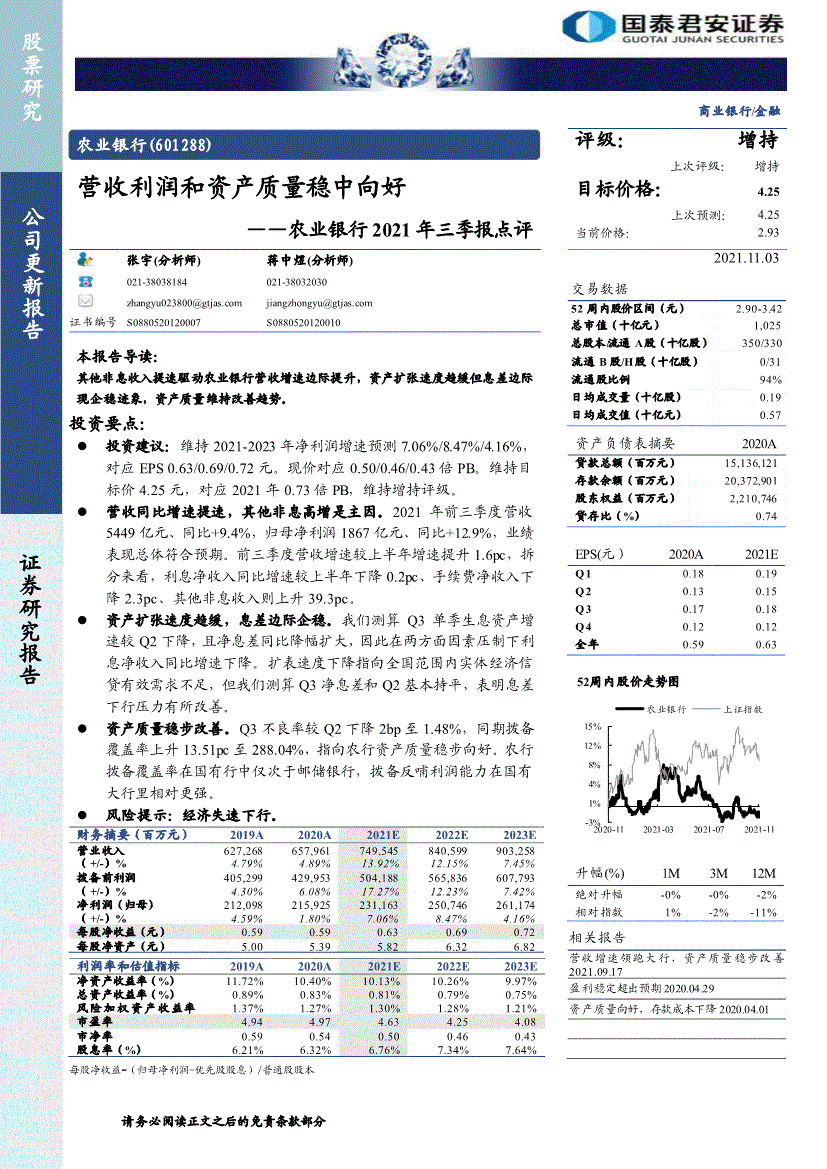 安农业银行6012882021年三季报点评营收利润和资产质量稳中向好211103