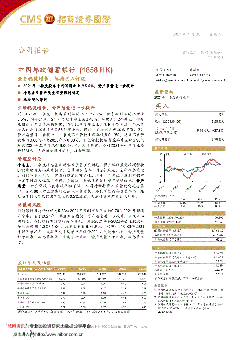 招商证券（香港）-中国邮政储蓄银行-1658.HK-业务稳健增长；维持买入评级-210430-研究报告-港美研究-迈博汇金