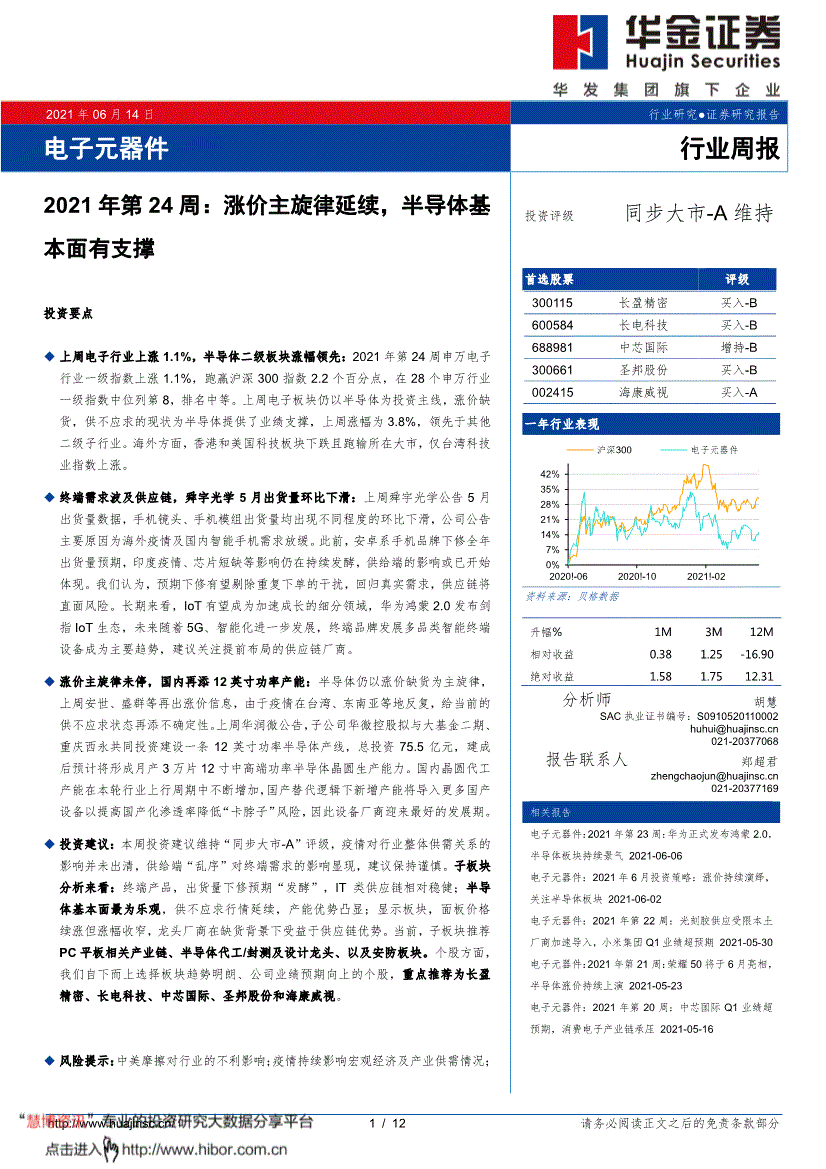 华金证券-电子元器件行业2021年第24周:涨价主旋律延续,半导体基本面