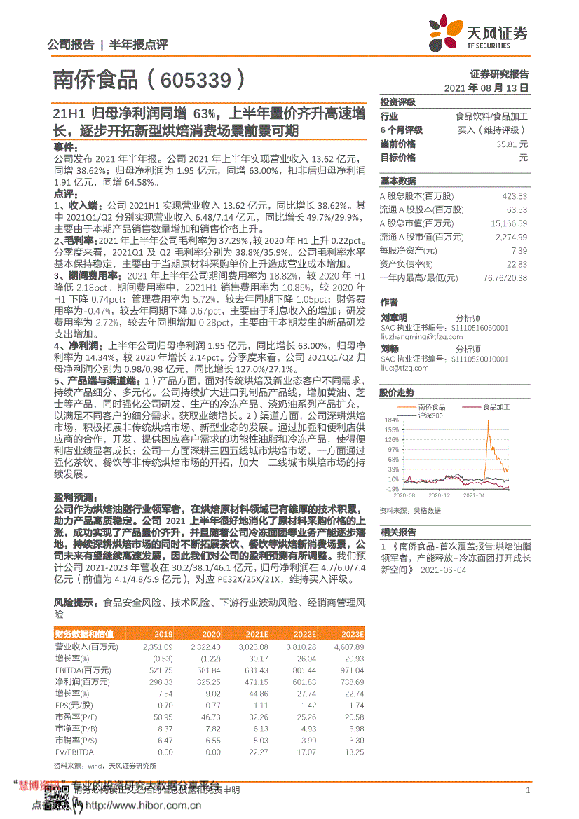 天风证券南侨食品60533921h1归母净利润同增63上半年量价齐升高速增长