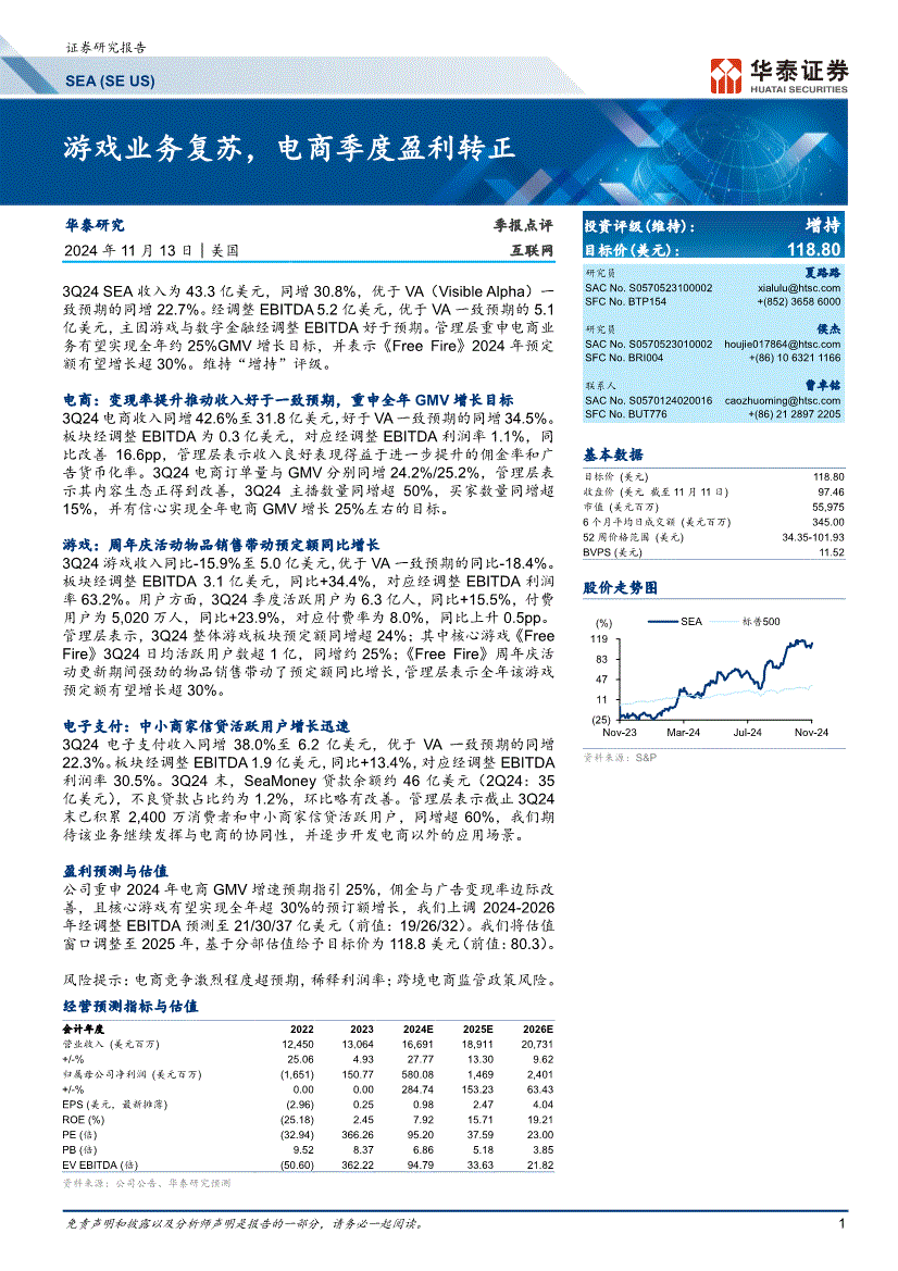 华泰证券-SEA-SE.US-游戏业务复苏，电商季度盈利转正-241113-研报-港美研究-慧博投研资讯