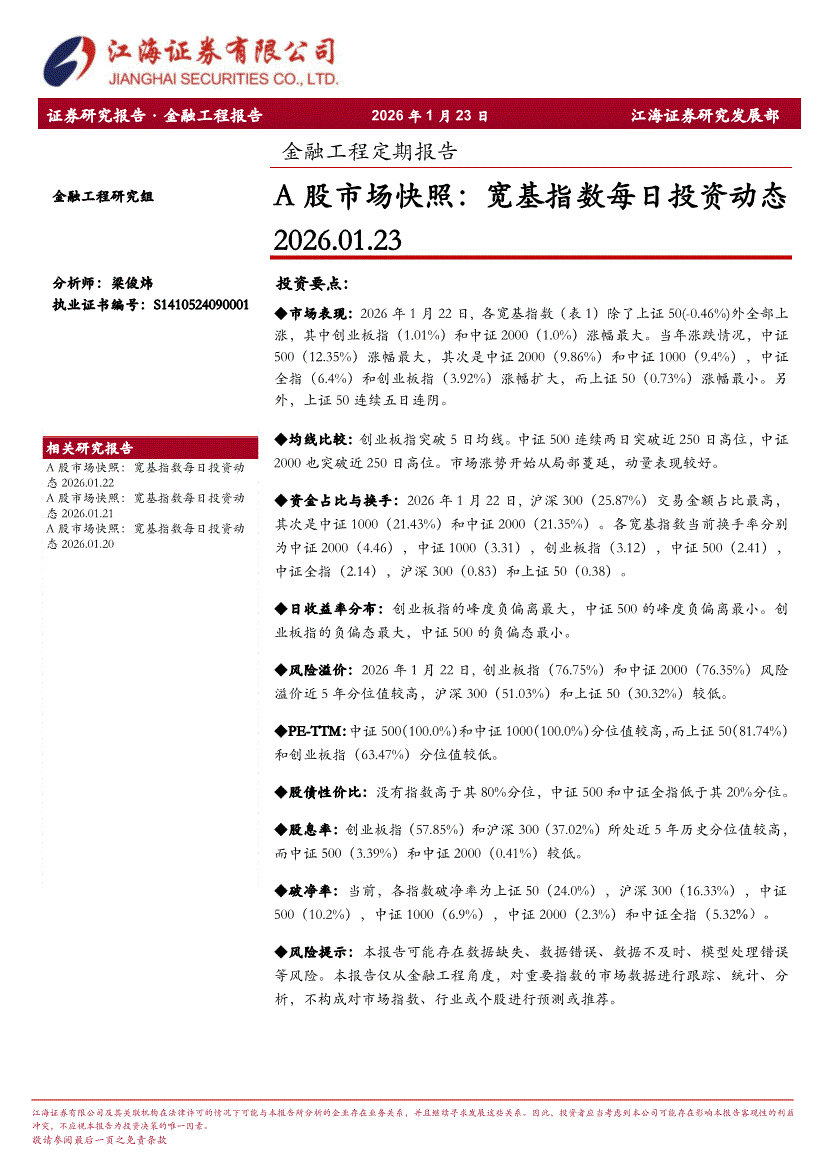 江海证券-金融工程定期报告：A股市场快照，宽基指数每日投资动态-260123-研究报告-金融工程-迈博汇金