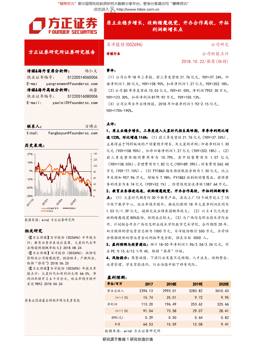 百洋股份研究报告方正证券百洋股份002696原主业稳步增长收购楷魔视觉