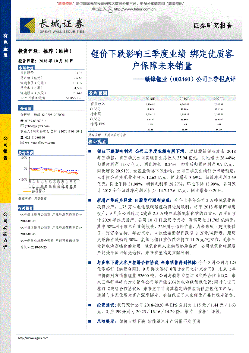 贛鋒鋰業研究報告:長城證券-贛鋒鋰業-002460-鋰價下跌影響三季度業績