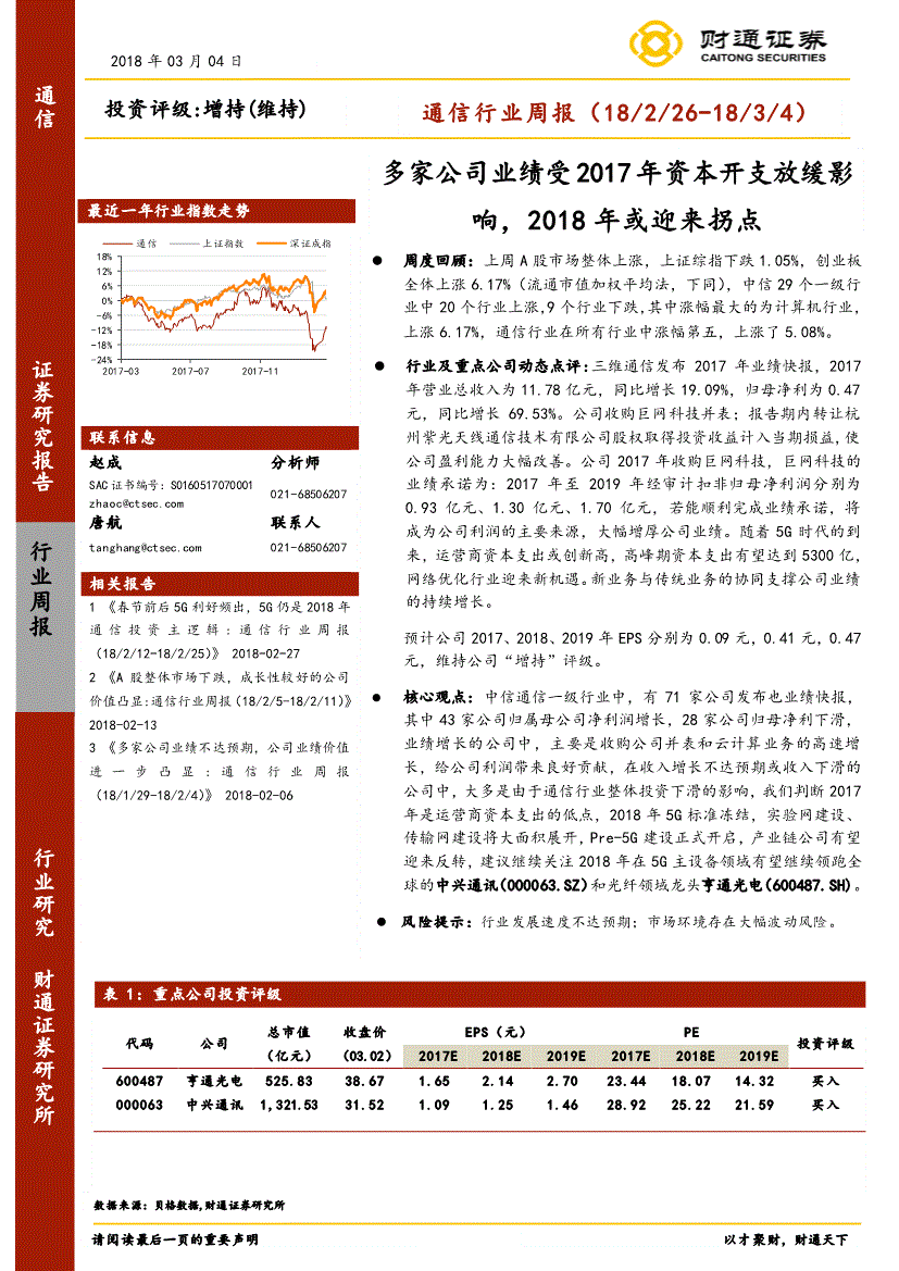 通信行業研究報告:財通證券-通信行業週報:多家公司業績受2017年資本