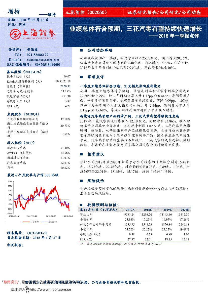 三花智控研究报告上海证券三花智控0020502018年一季报点评业绩总体