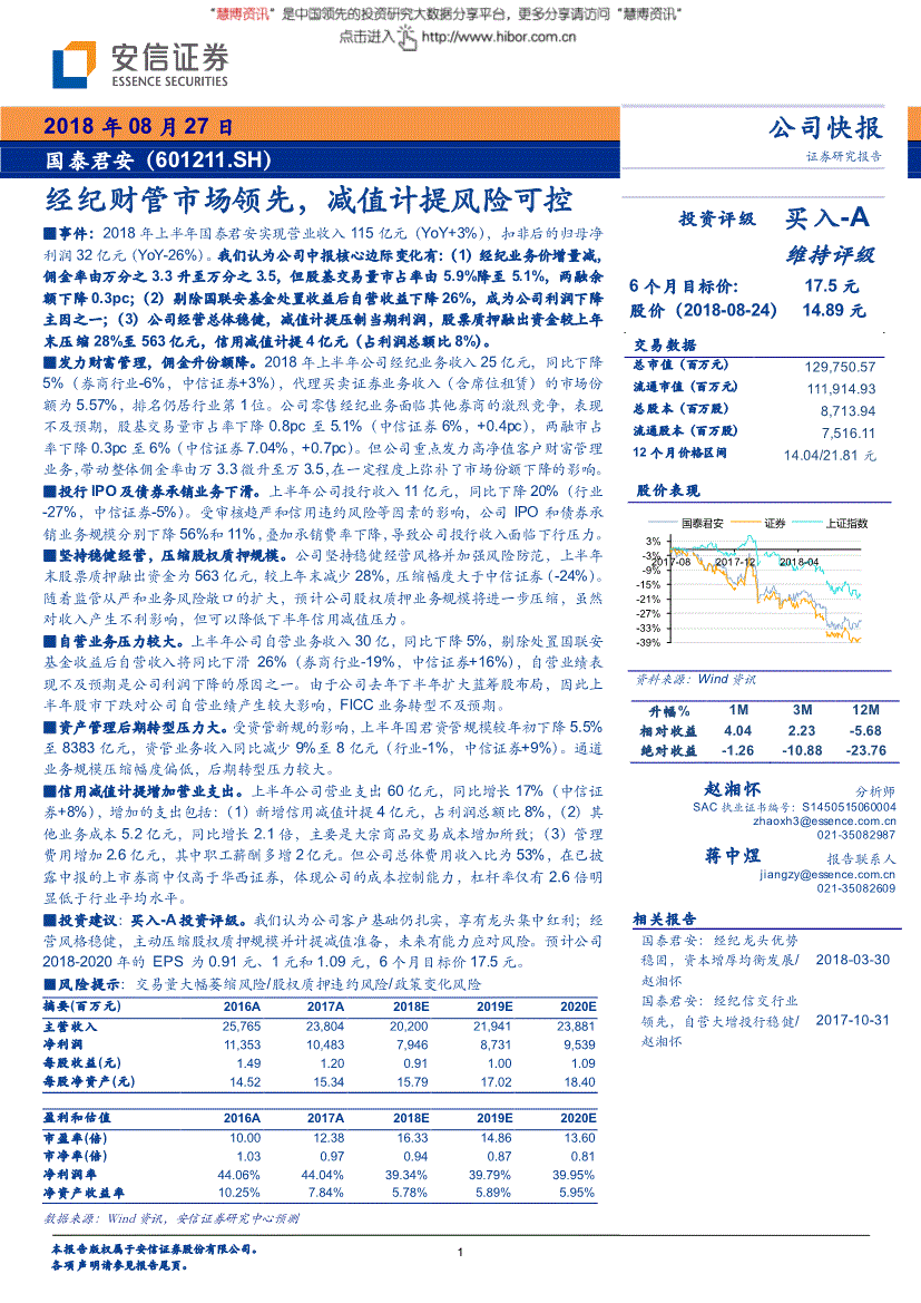 國泰君安研究報告:安信證券-國泰君安-601211-經紀財管市場領先,減值