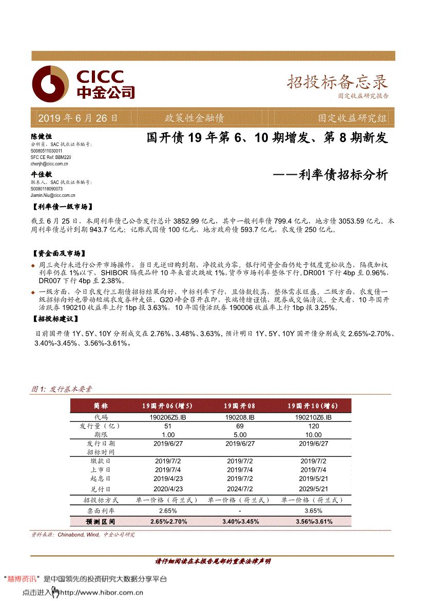 研究報告:中金公司-利率債招標分析:國開債19年第6,10期增發,第8期新