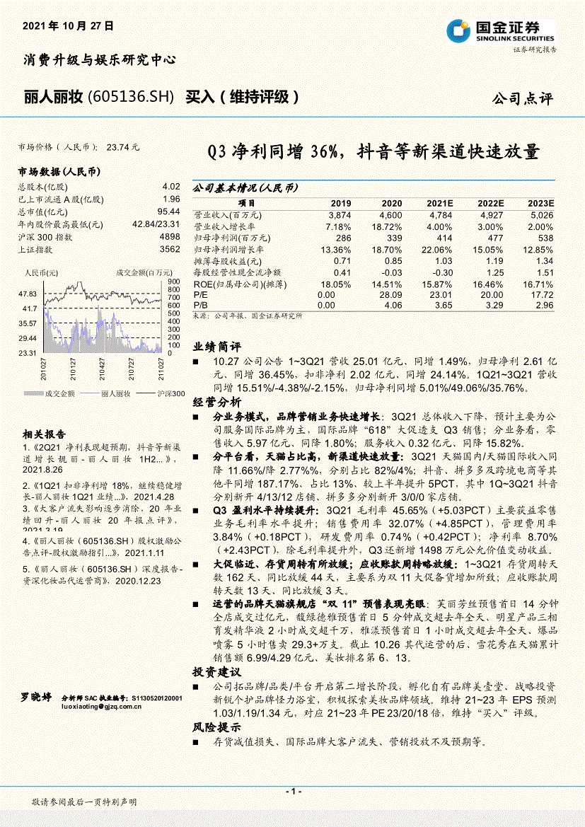 丽人丽妆国金证券丽人丽妆605136q3净利同增36抖音等新渠道快速放量