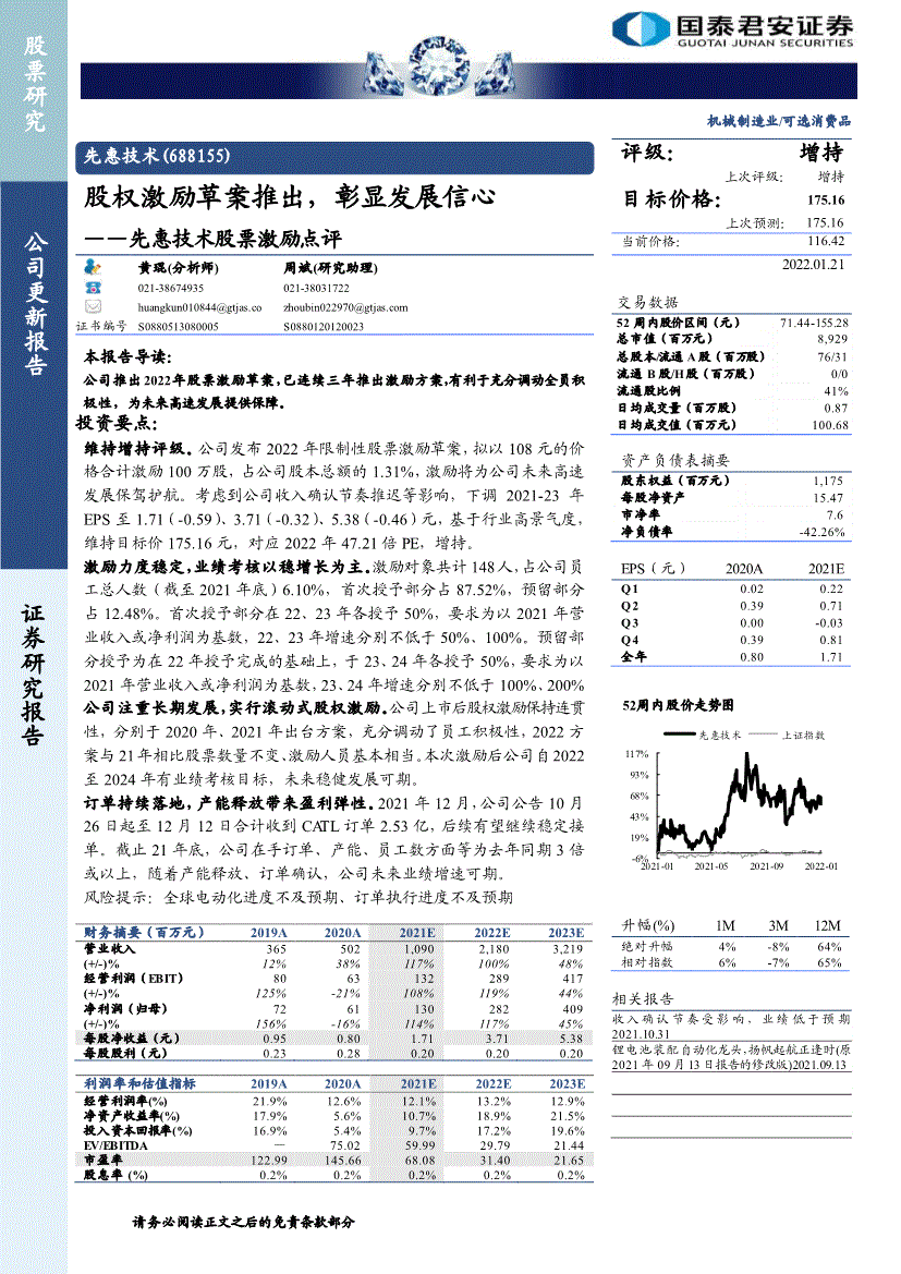 国泰君安先惠技术688155股票激励点评股权激励草案推出彰显发展信心