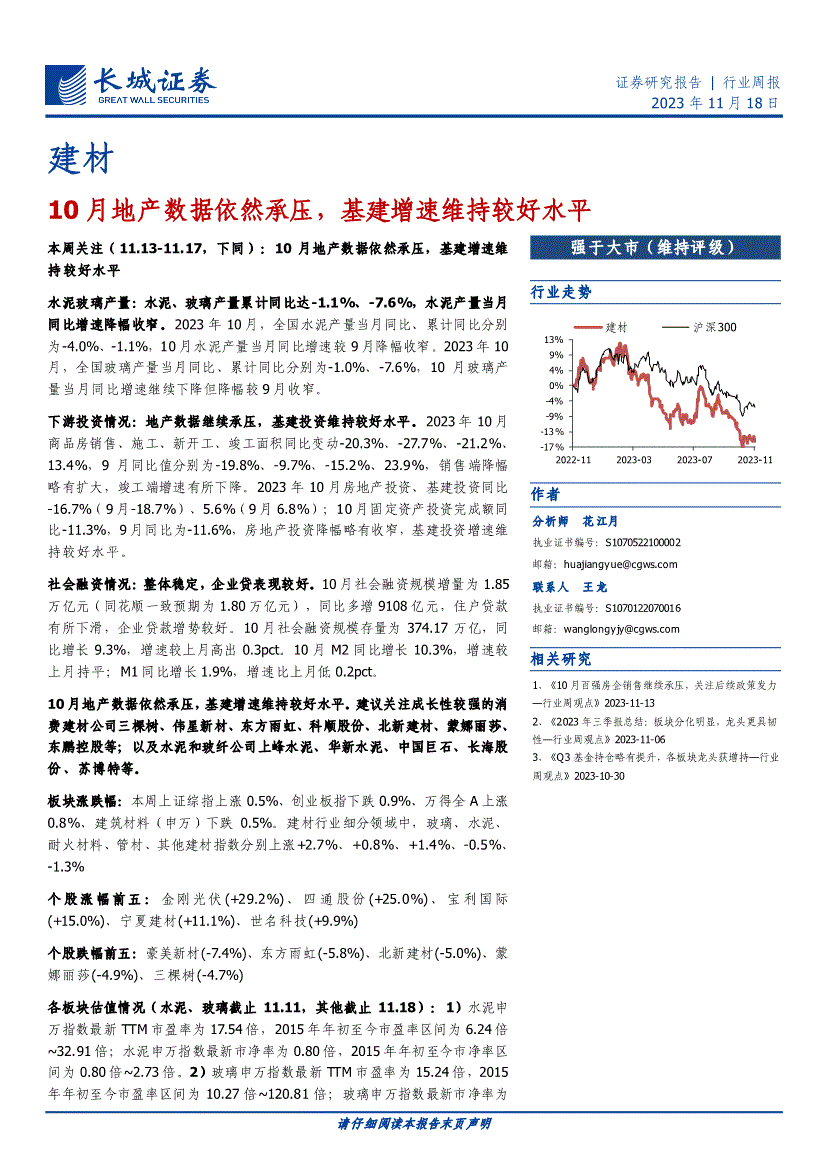 長城證券建材行業週報10月地產數據依然承壓基建增速維