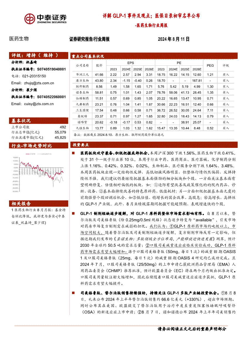 中泰证券-医药生物行业周报:详解glp~1事件及观点;医保目录初审名单